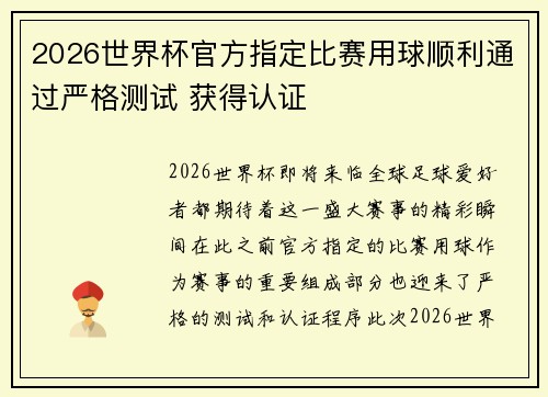 2026世界杯官方指定比赛用球顺利通过严格测试 获得认证